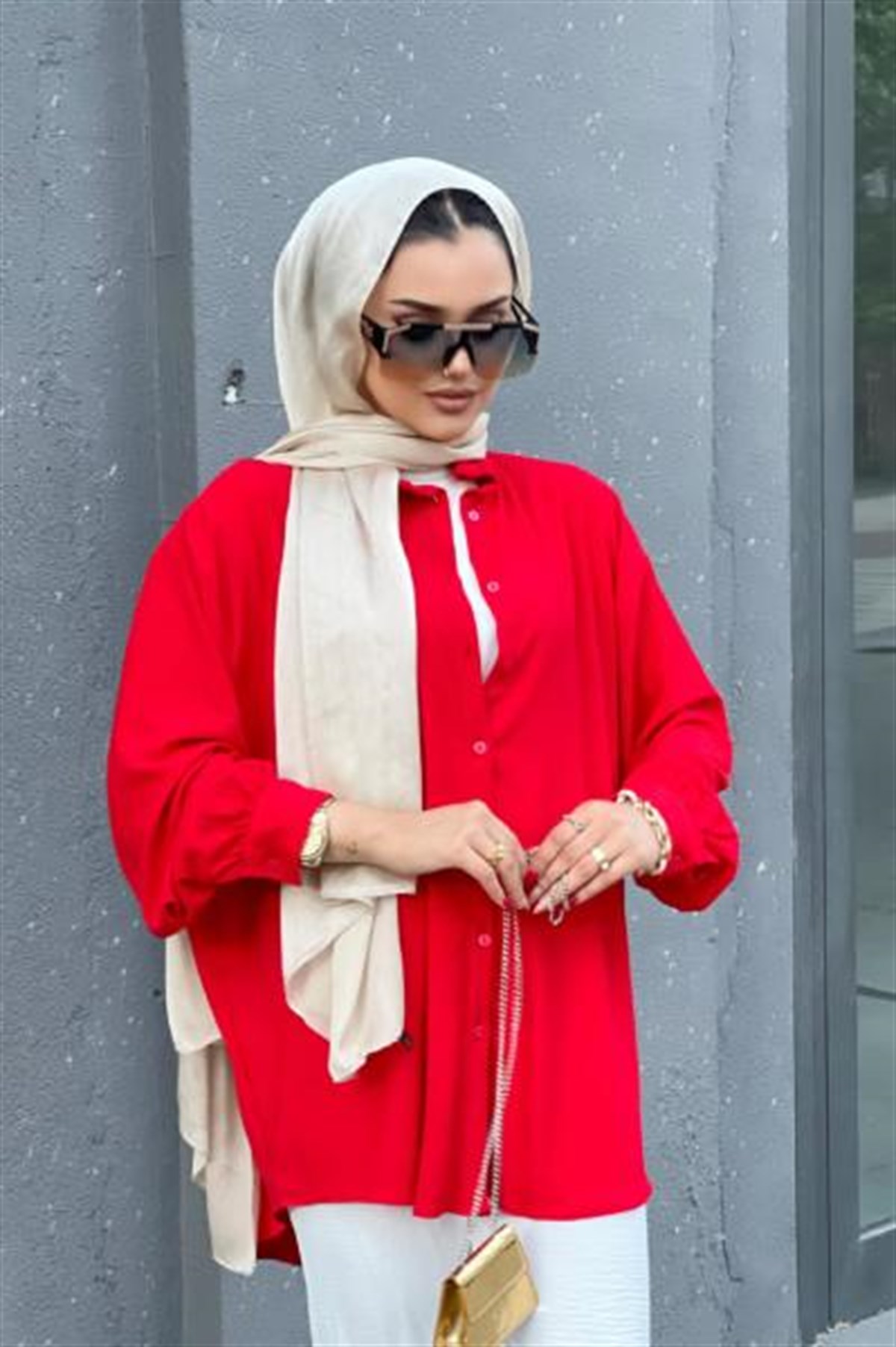 Düğmeli Pamuk Tunik Kırmızı STANDART