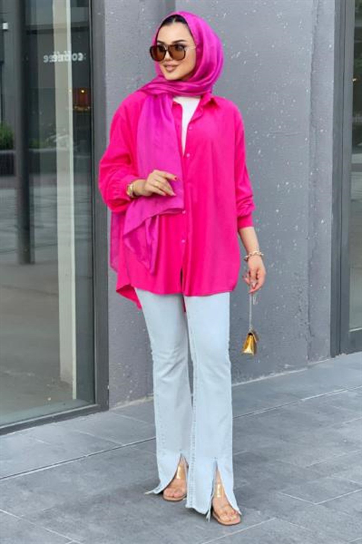 Düğmeli Pamuk Tunik Pembe STANDART