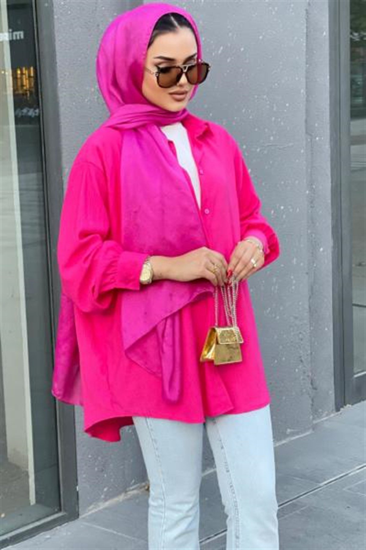 Düğmeli Pamuk Tunik Pembe STANDART