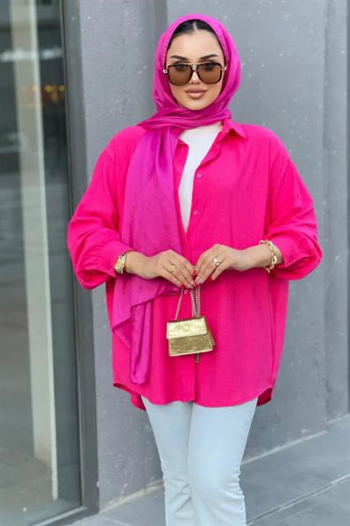 Düğmeli Pamuk Tunik Pembe STANDART