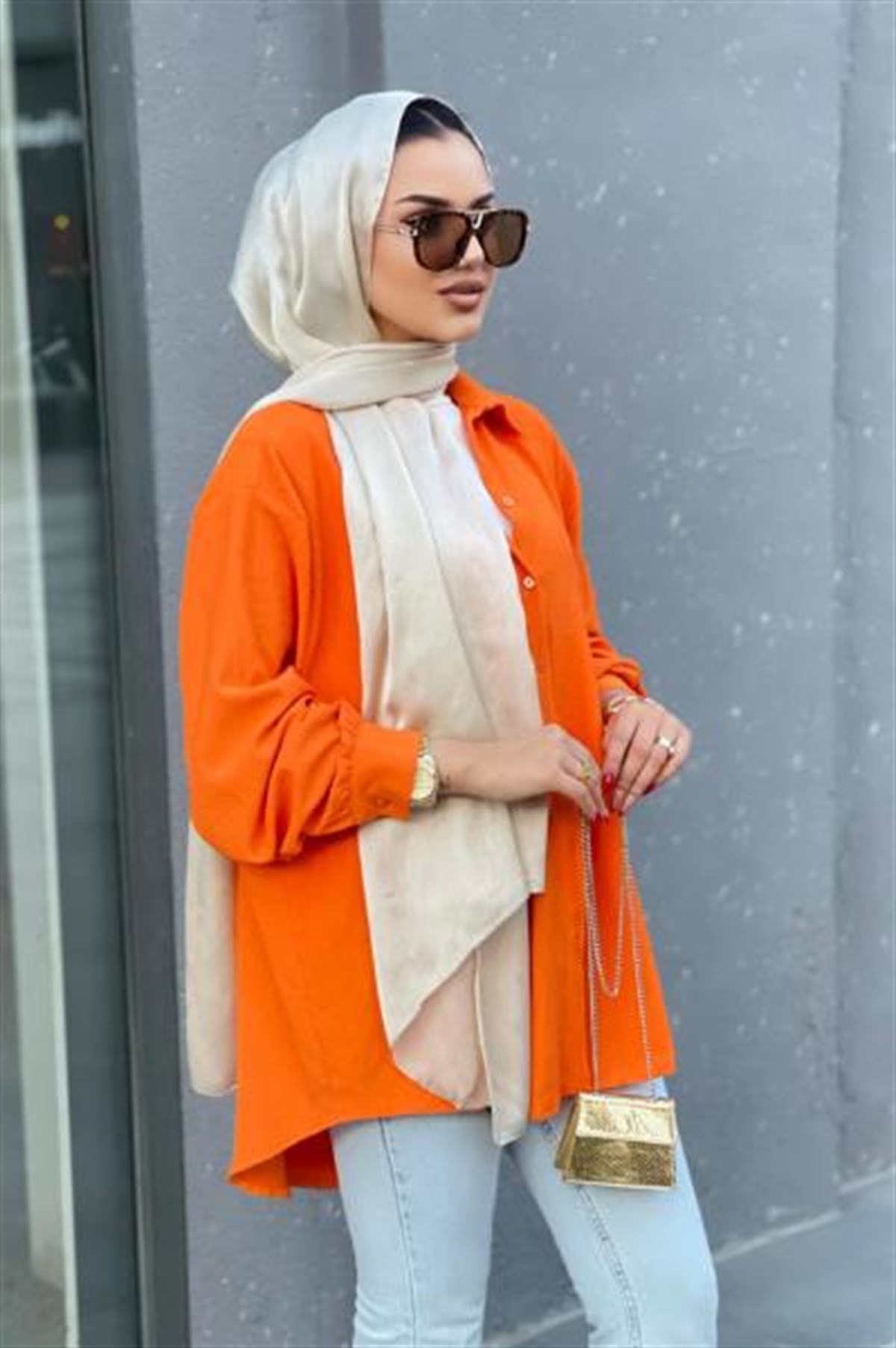Düğmeli Pamuk Tunik Turuncu STANDART