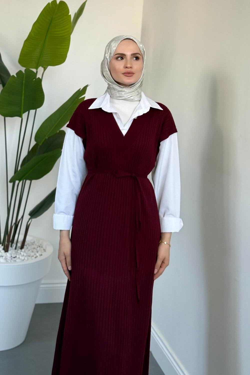 Edoril Triko Gömlek Elbise Bordo