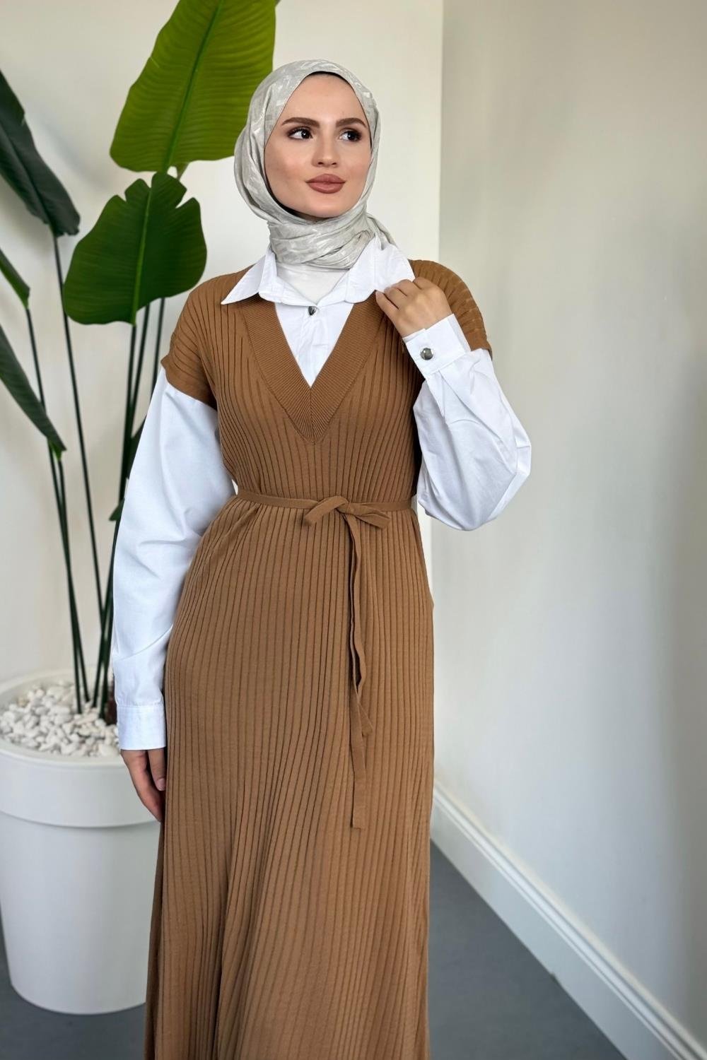 Edoril Triko Gömlek Elbise Camel
