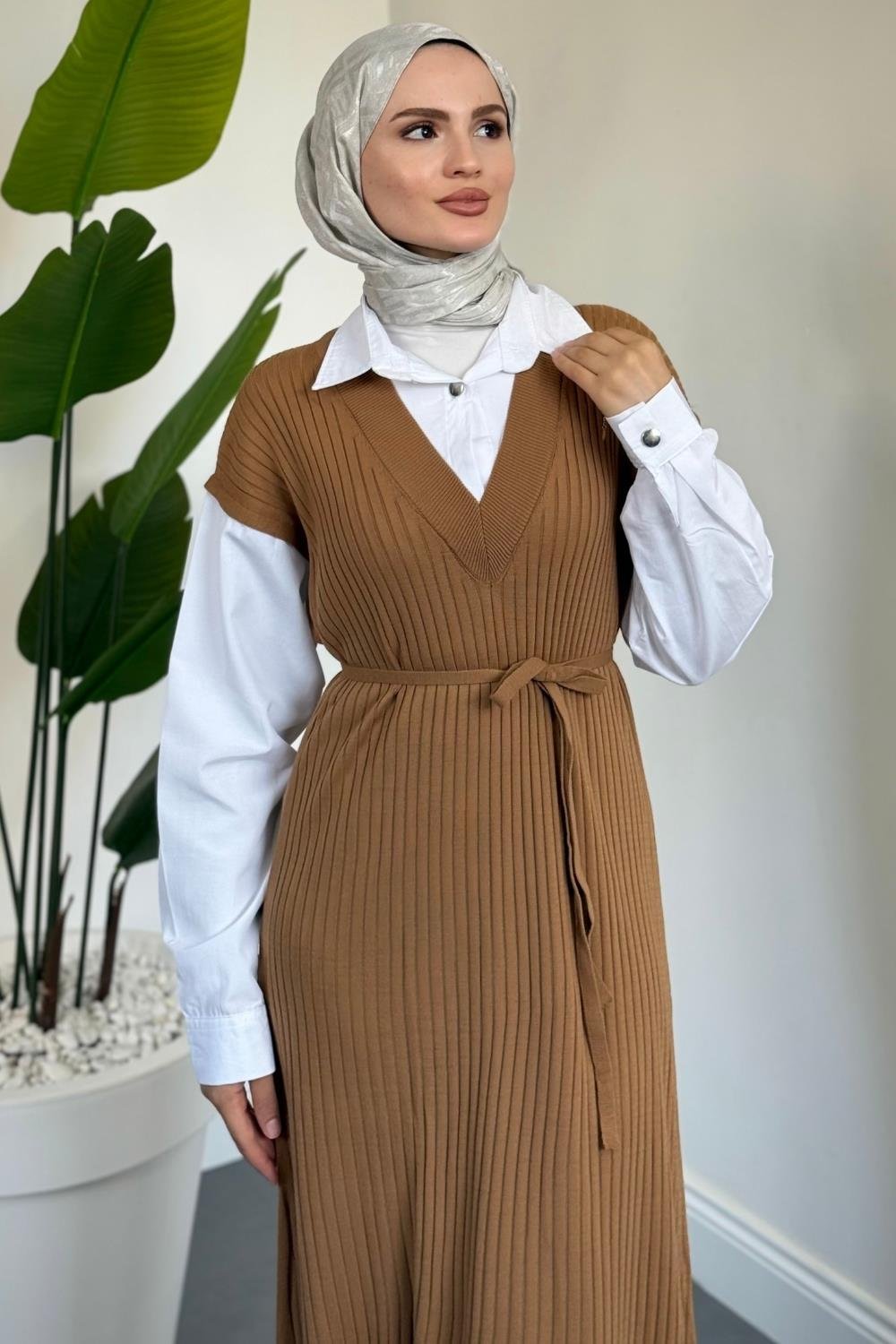 Edoril Triko Gömlek Elbise Camel