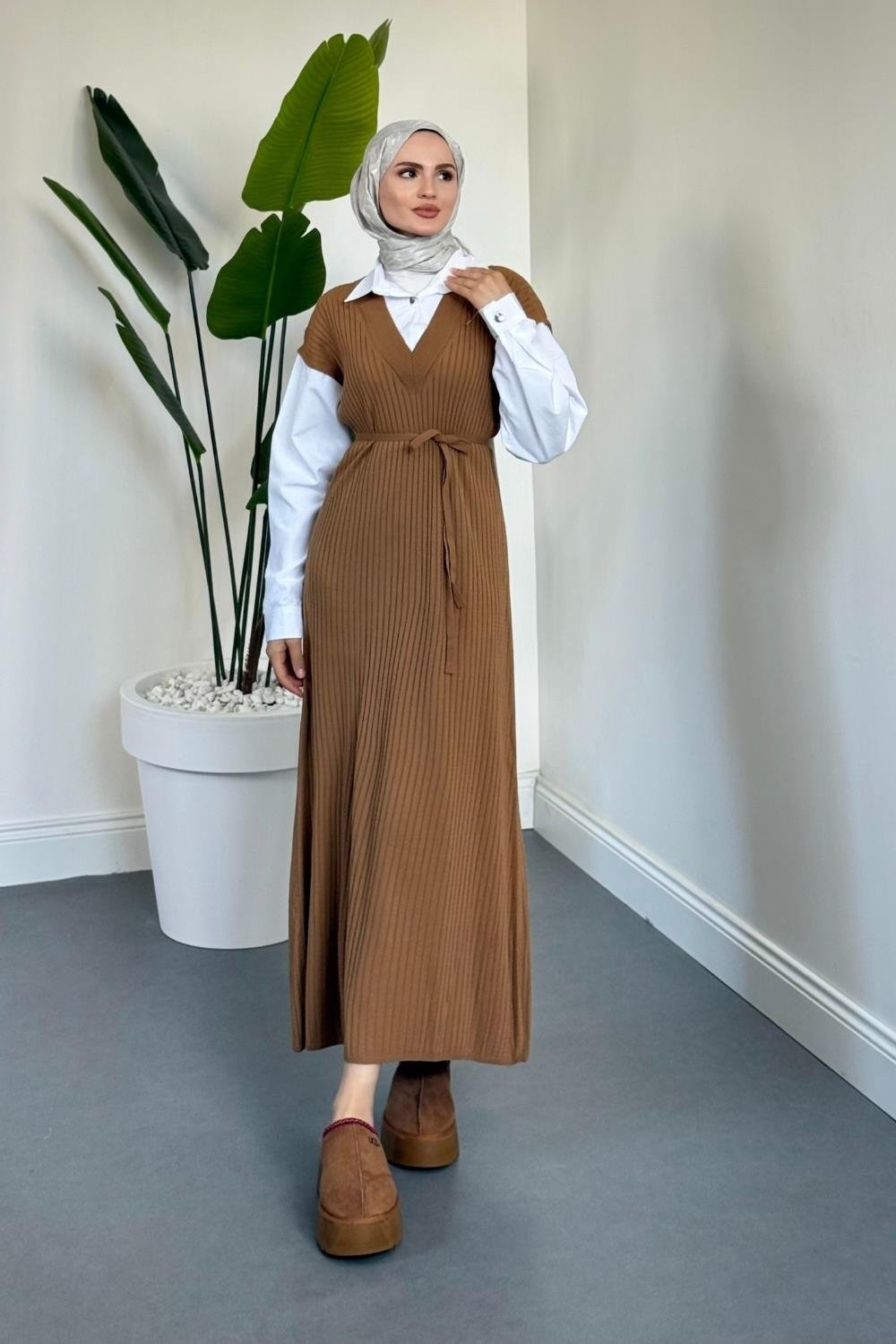 Edoril Triko Gömlek Elbise Camel