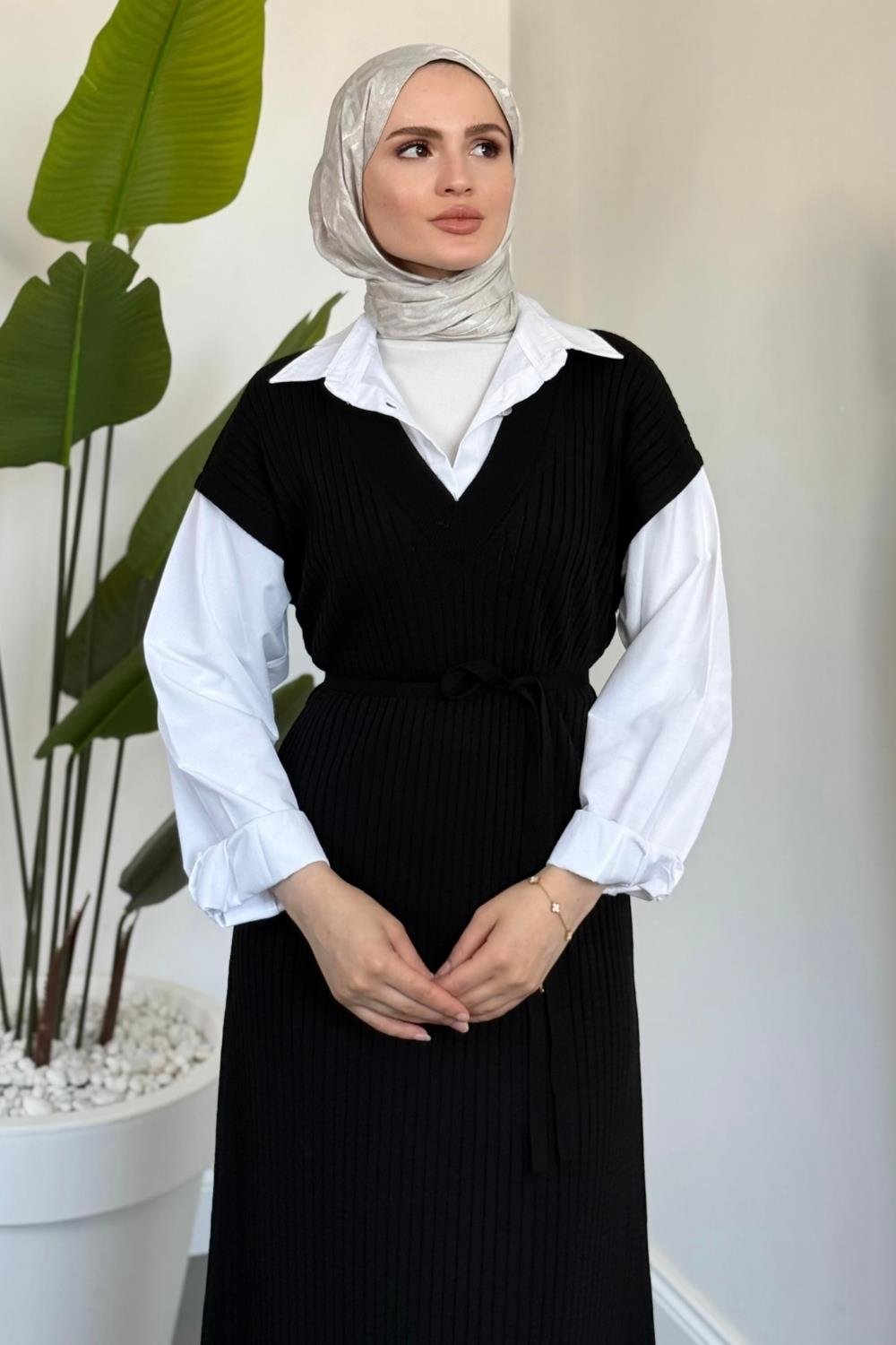 Edoril Triko Gömlek Elbise Siyah