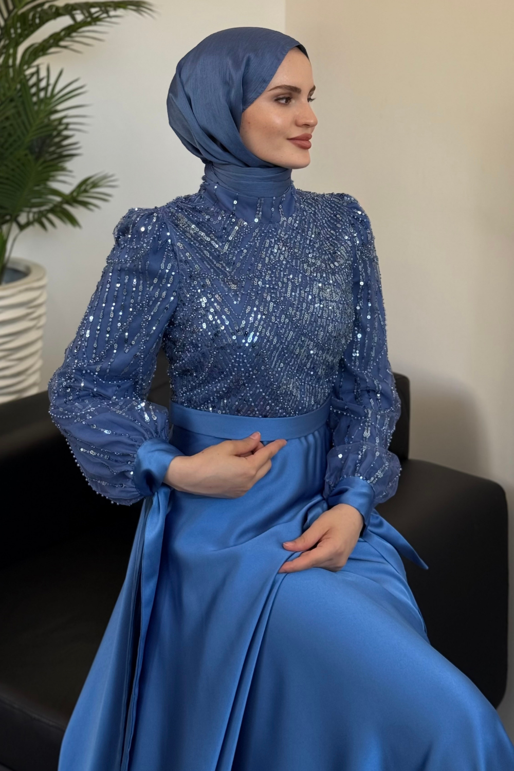 Elena Üstü Payetli Saten Abiye Mavi