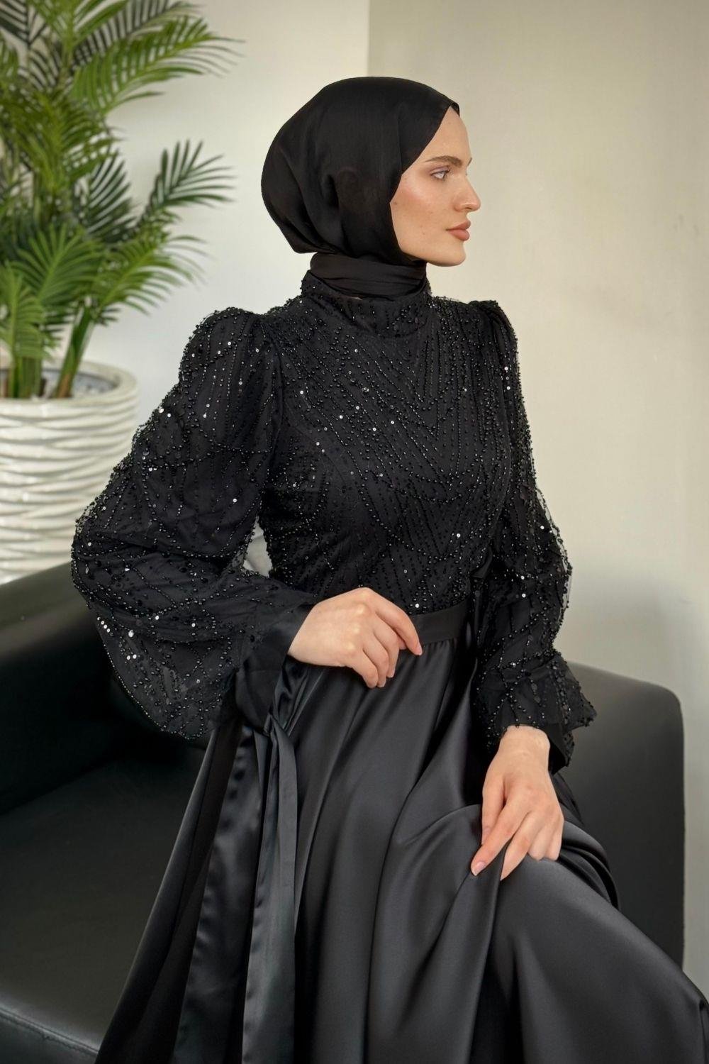 Elena Üstü Payetli Saten Abiye Siyah