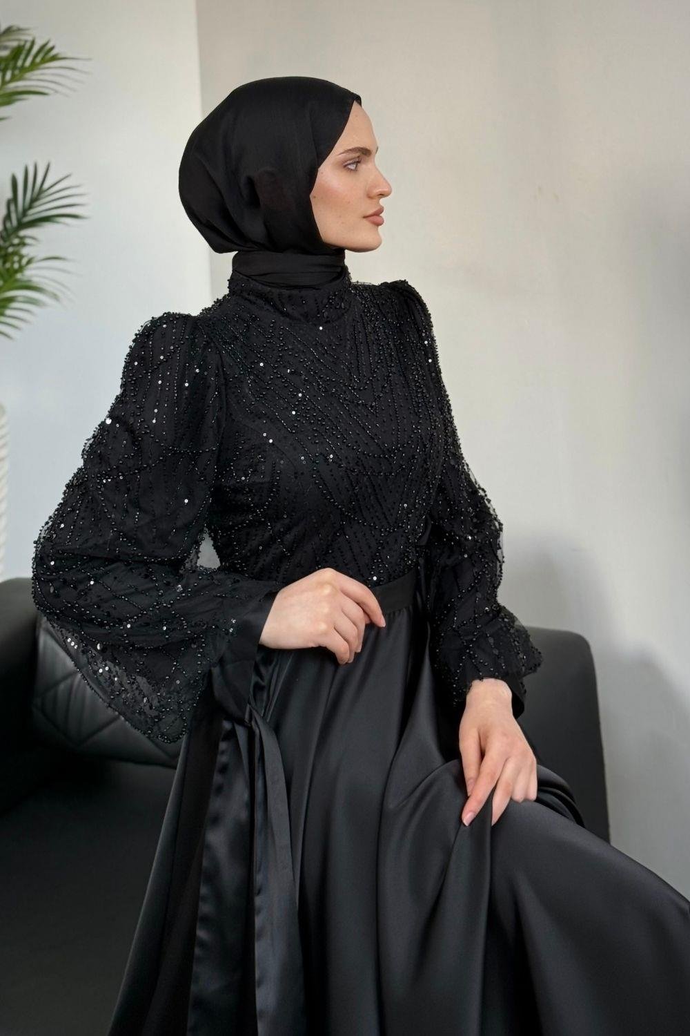 Elena Üstü Payetli Saten Abiye Siyah