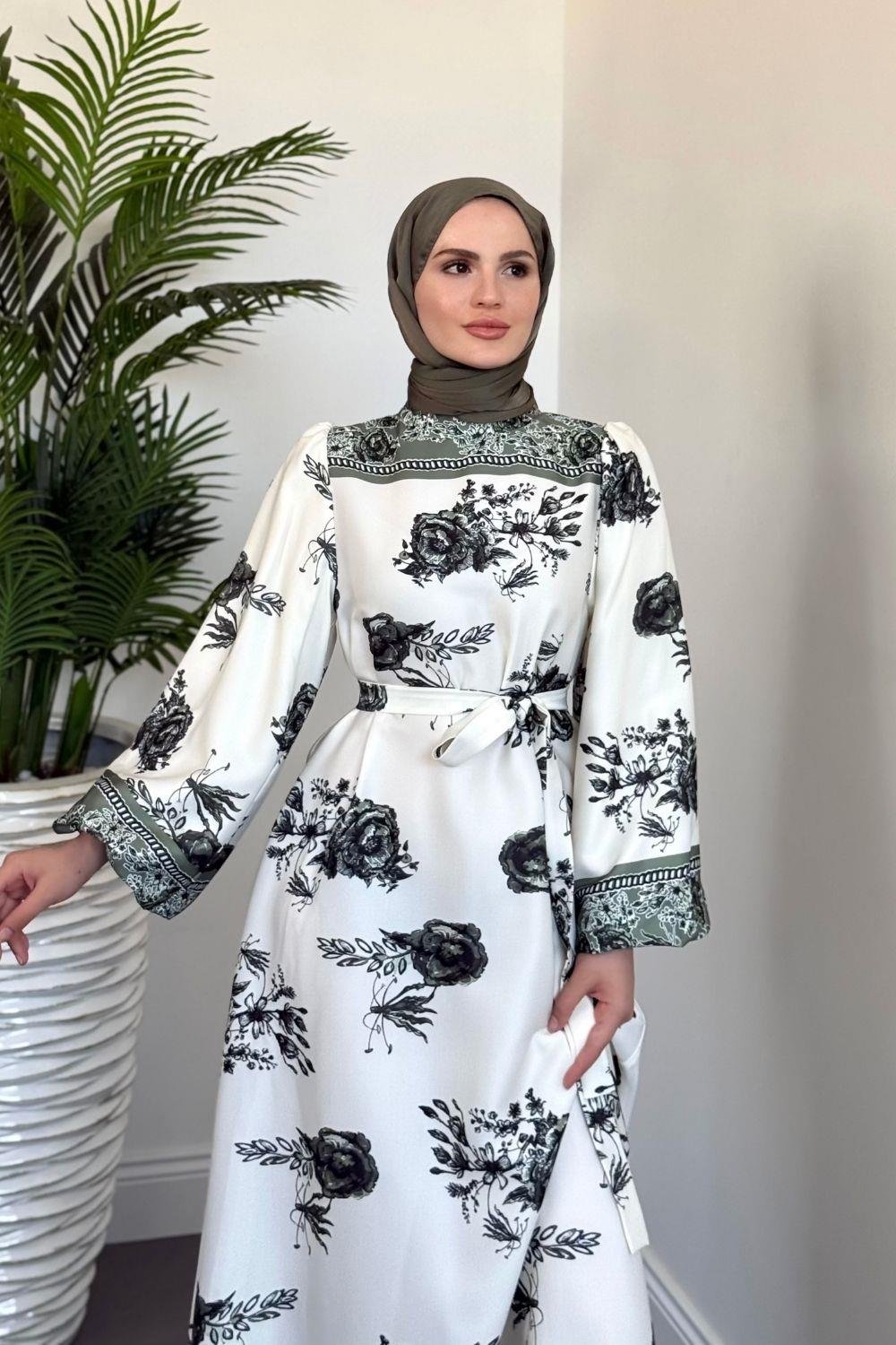 Ellarose Saten Elbise Haki