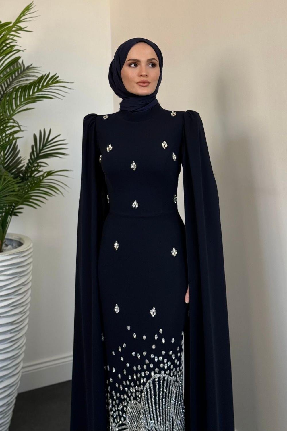 Farah Kolları Pelerinli Abiye Lacivert