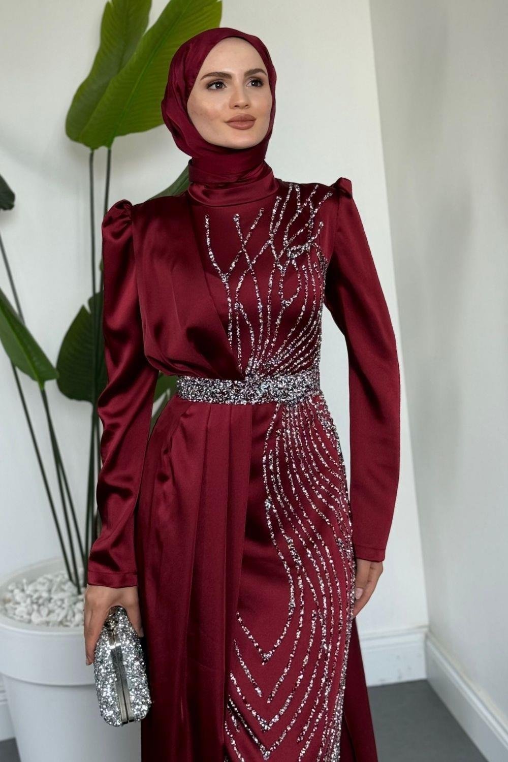 Fery Pelerinli Taşlı Saten Abiye Bordo
