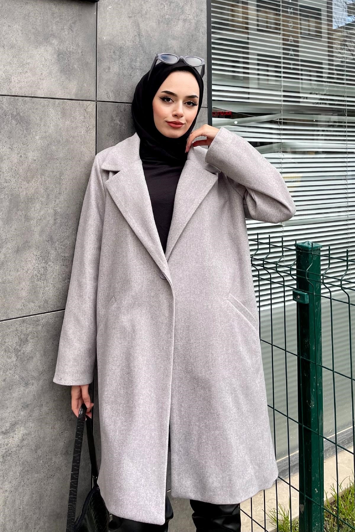 Filetolu Kısa Kaban Gri