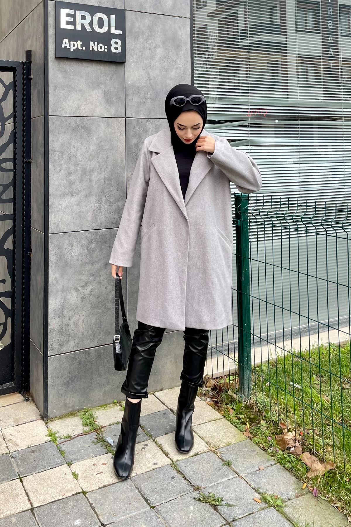 Filetolu Kısa Kaban Gri