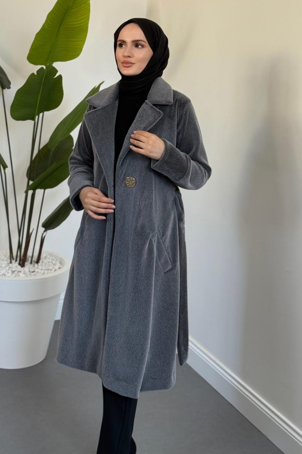 Fringe Astarlı Kaşmir Kaşe Kaban Füme