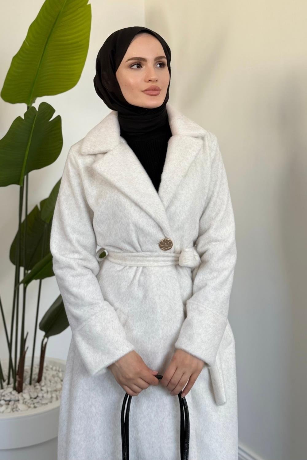Fringe Astarlı Kaşmir Kaşe Kaban Krem