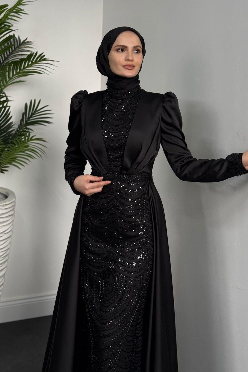 Gabriella Pelerinli Saten Abiye Siyah