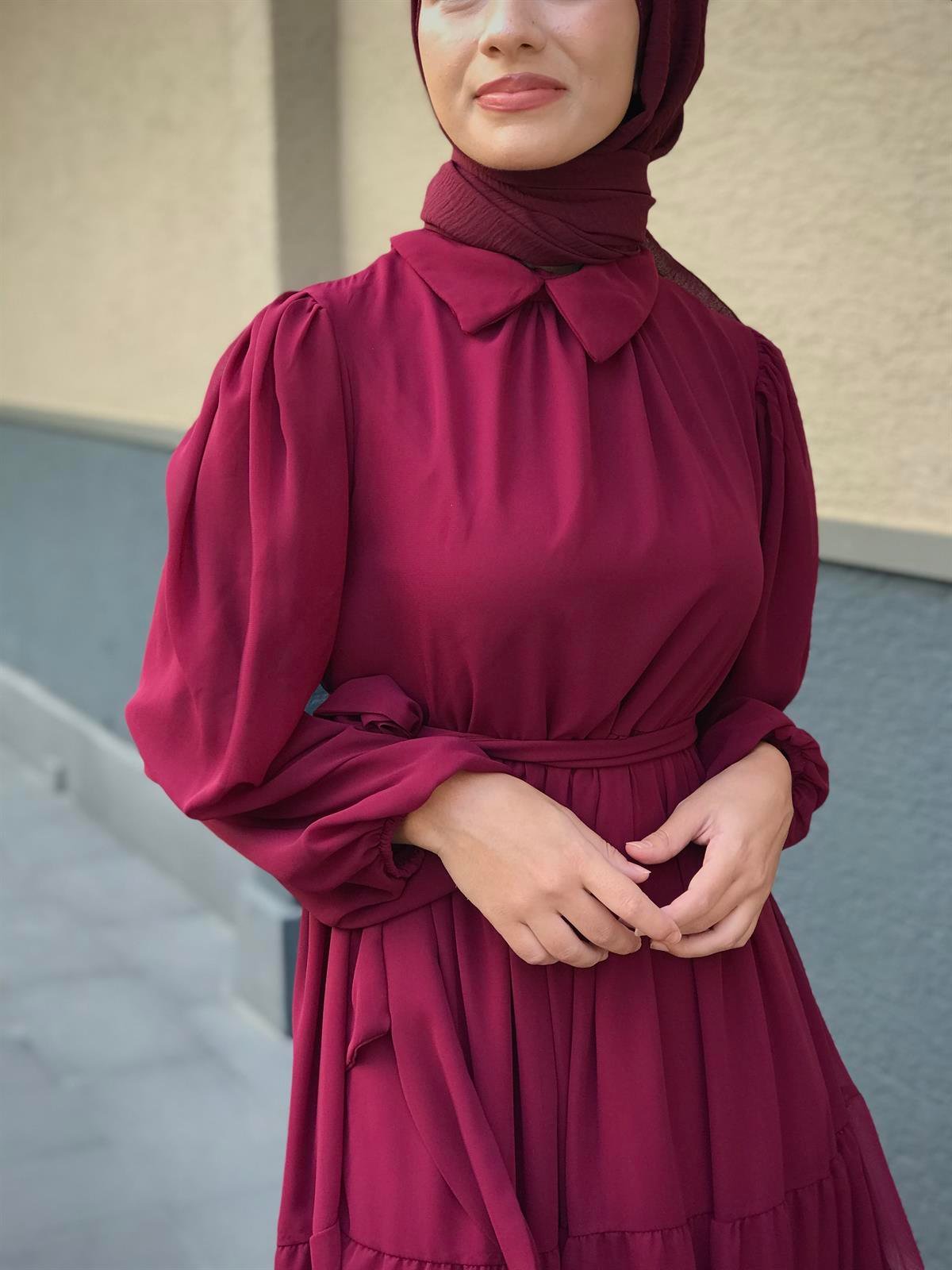 Gömlek Yaka Şifon Elbise Bordo