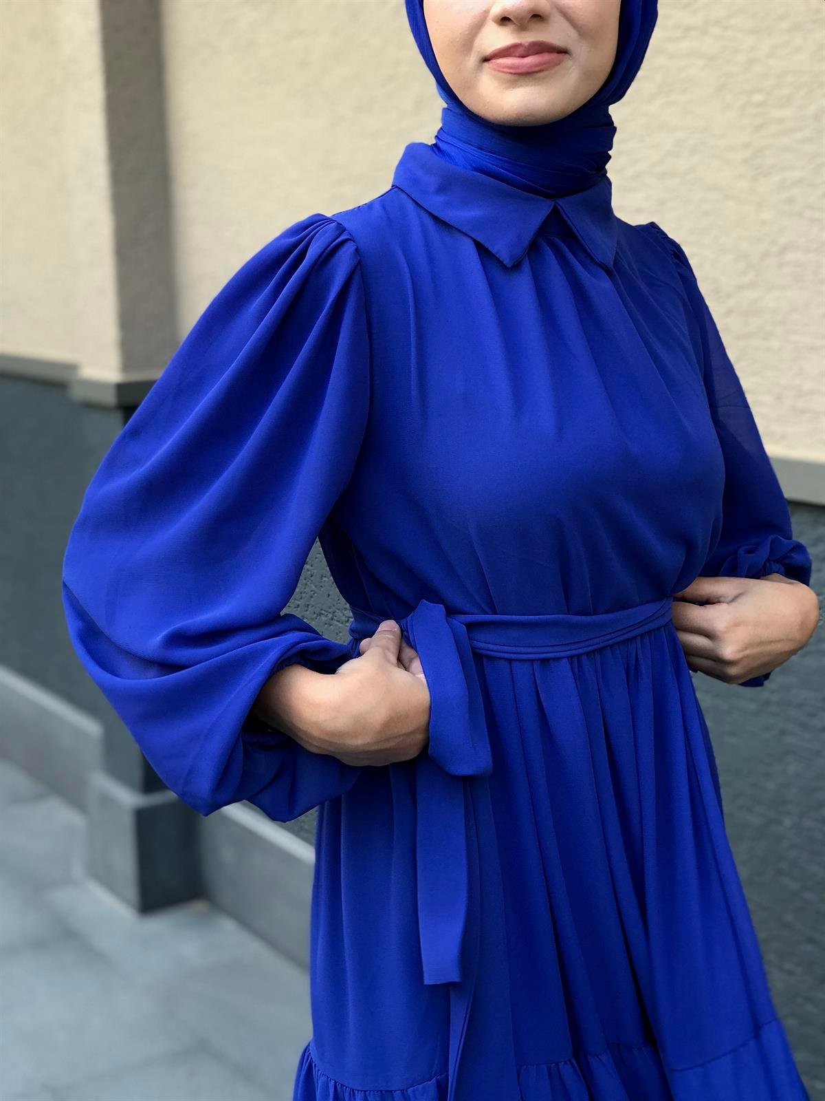 Gömlek Yaka Şifon Elbise Saks
