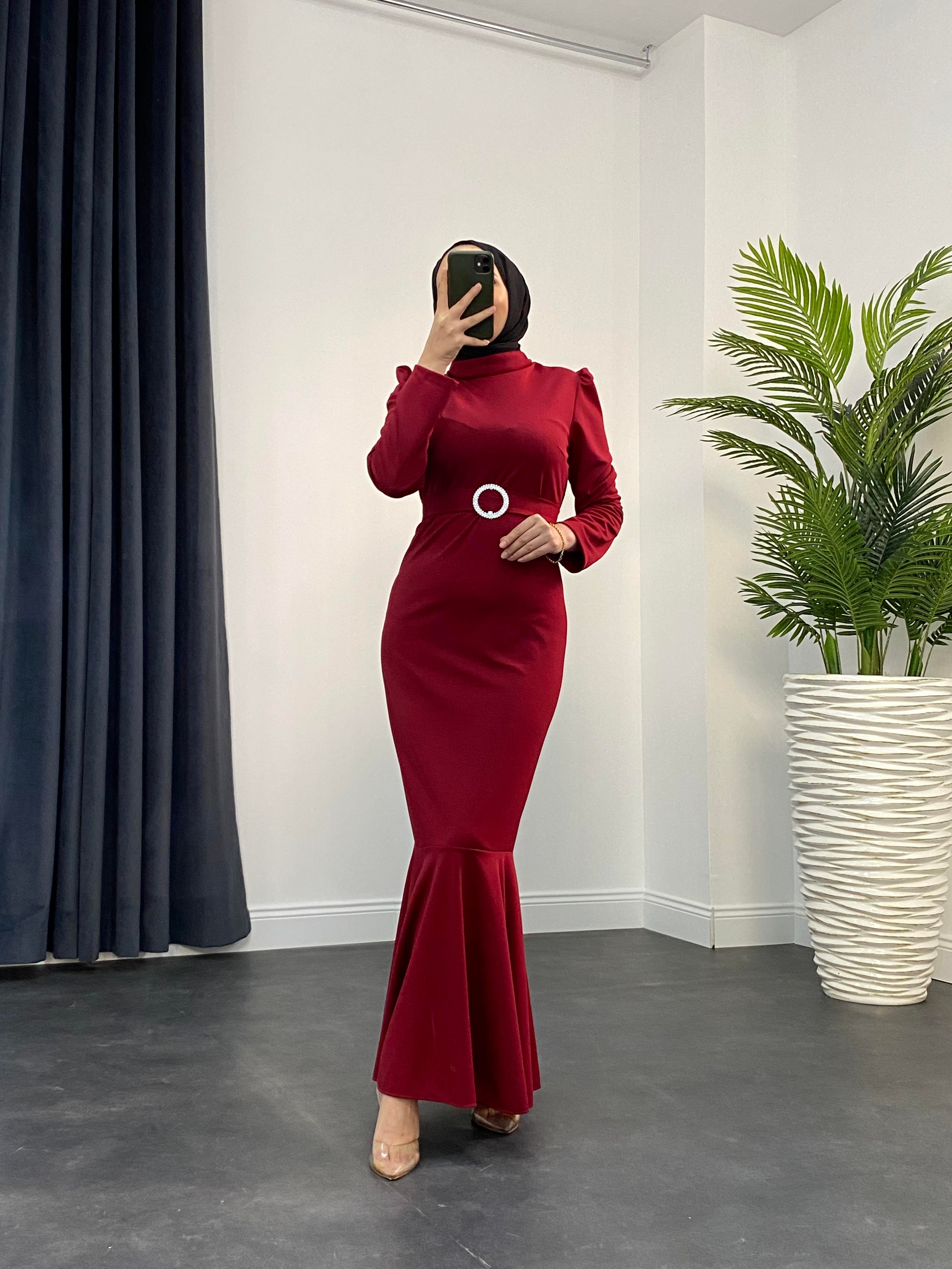Hazel Altı Volan Elbise Bordo