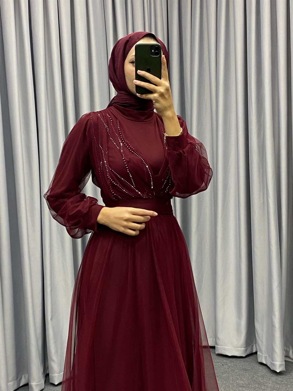 Helena Önü Taşlı Abiye Bordo