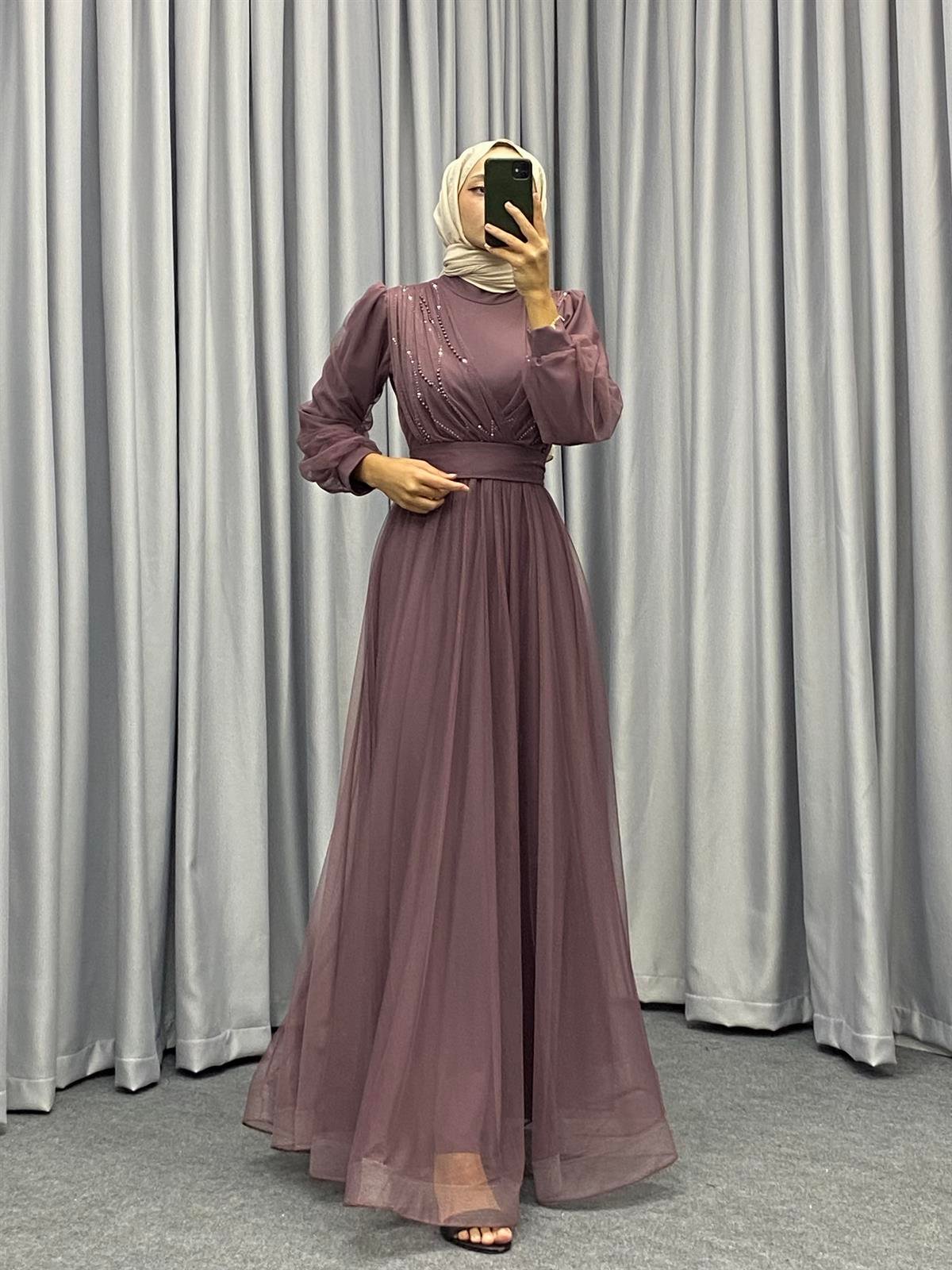 Helena Önü Taşlı Abiye Gül Kurusu