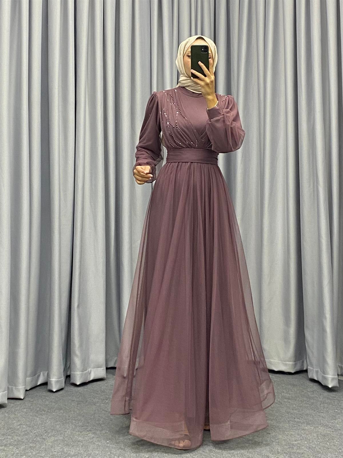 Helena Önü Taşlı Abiye Gül Kurusu
