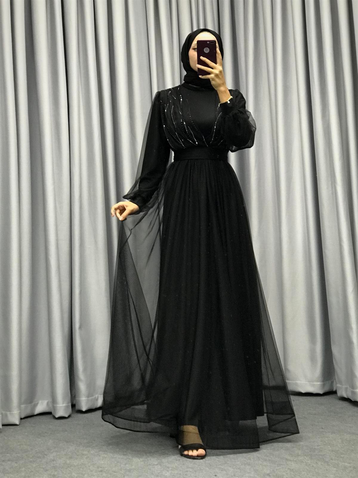 Helena Önü Taşlı Abiye Siyah