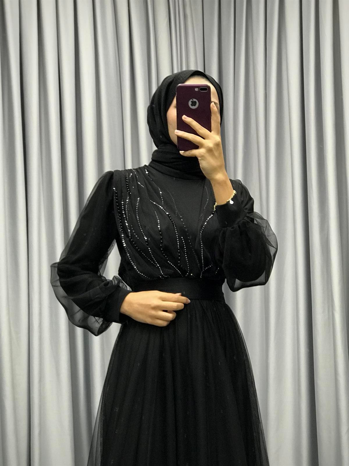 Helena Önü Taşlı Abiye Siyah