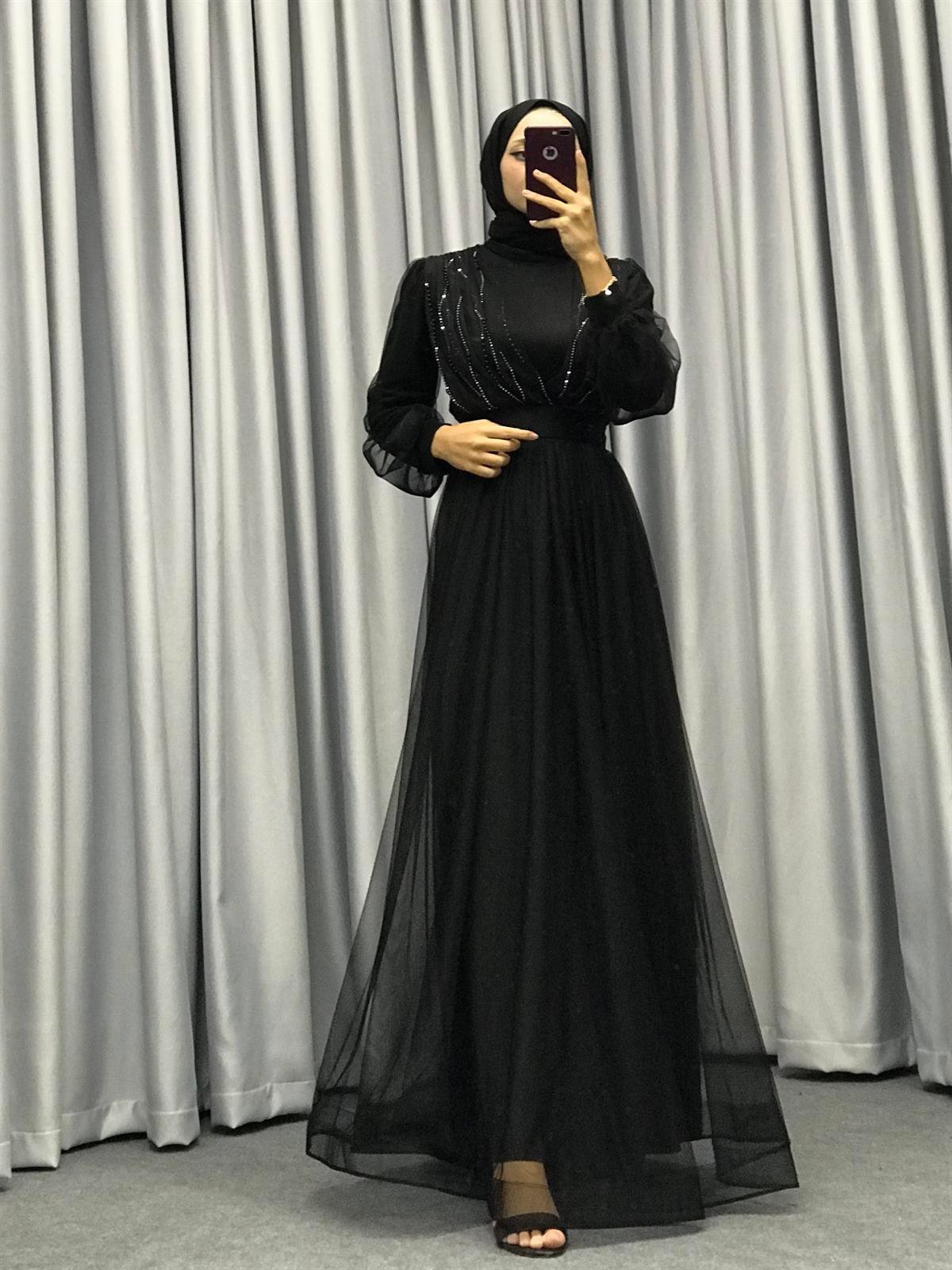 Helena Önü Taşlı Abiye Siyah