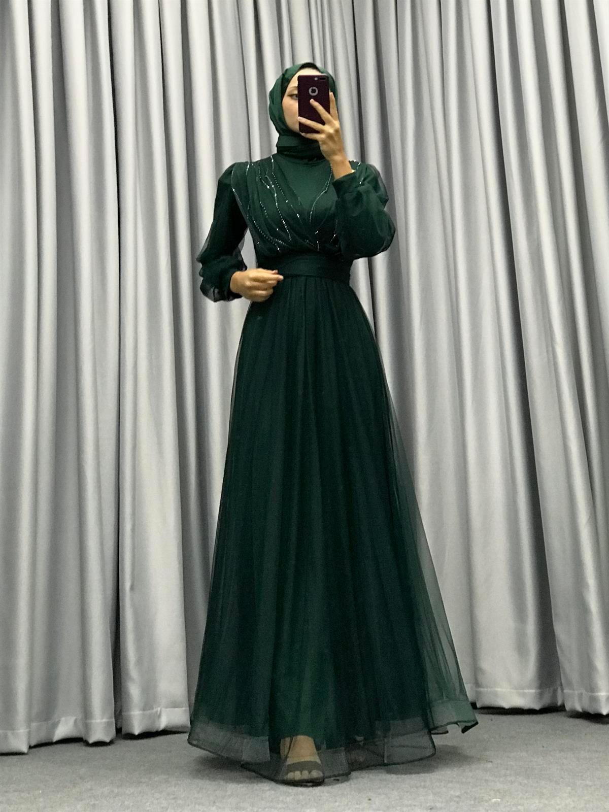 Helena Önü Taşlı Abiye Yeşil