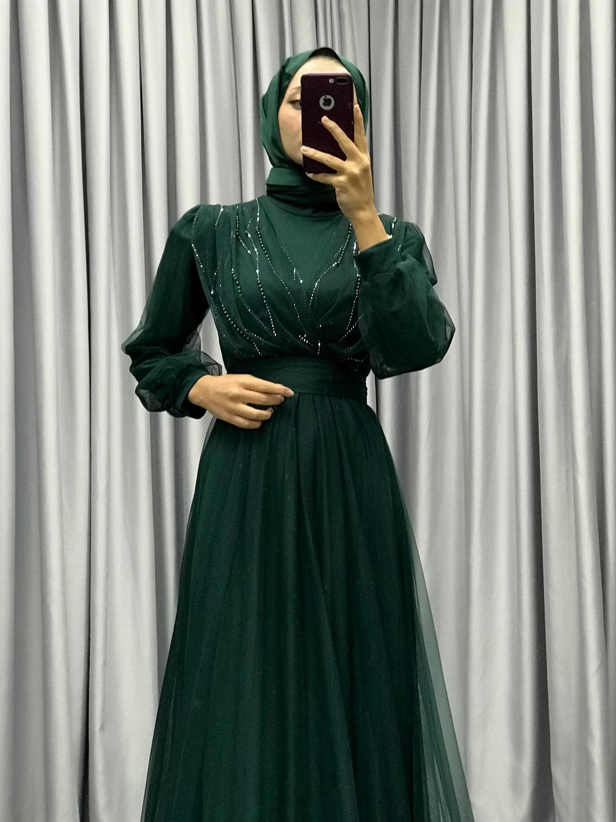 Helena Önü Taşlı Abiye Yeşil