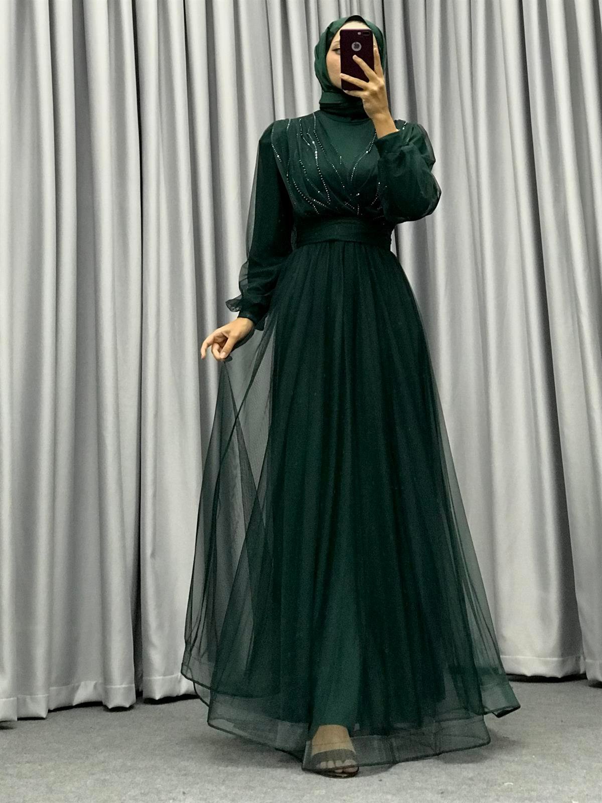 Helena Önü Taşlı Abiye Yeşil