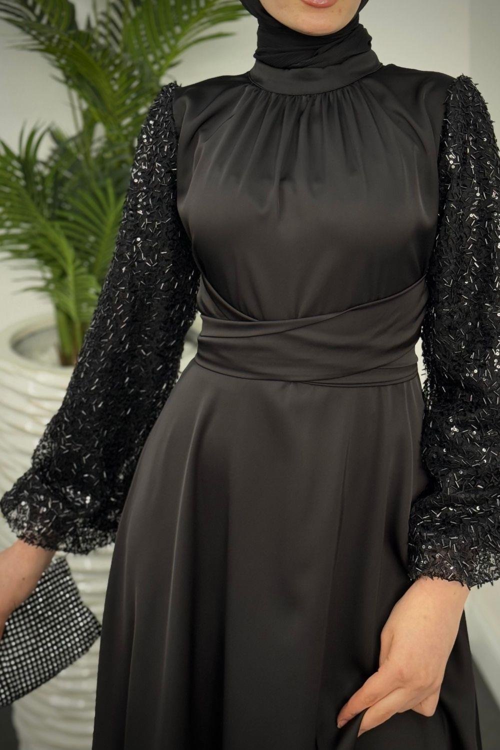 Hemeris Kolları Boncuk İşleme Saten Abiye Siyah