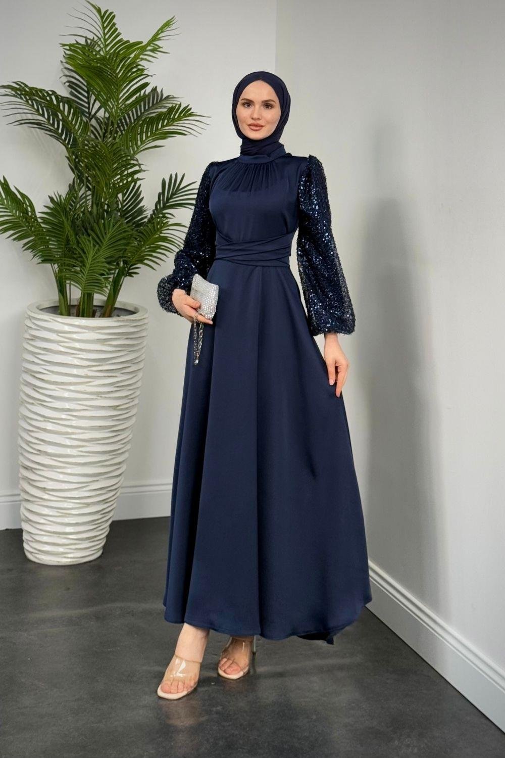 Hemeris Kolları Boncuk İşleme Saten Abiye Lacivert