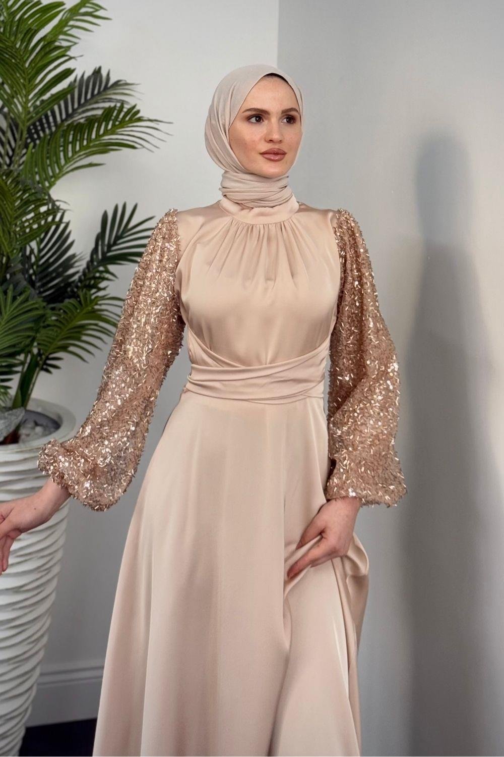 Hemeris Kolları Boncuk İşleme Saten Abiye Krem