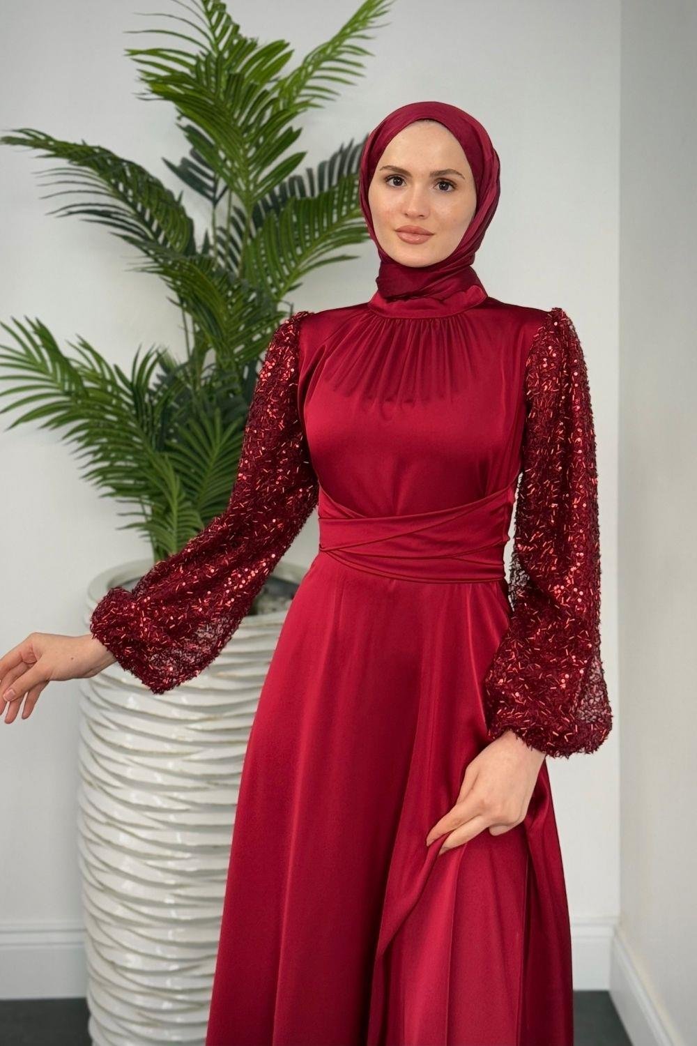 Hemeris Kolları Boncuk İşleme Saten Abiye Bordo