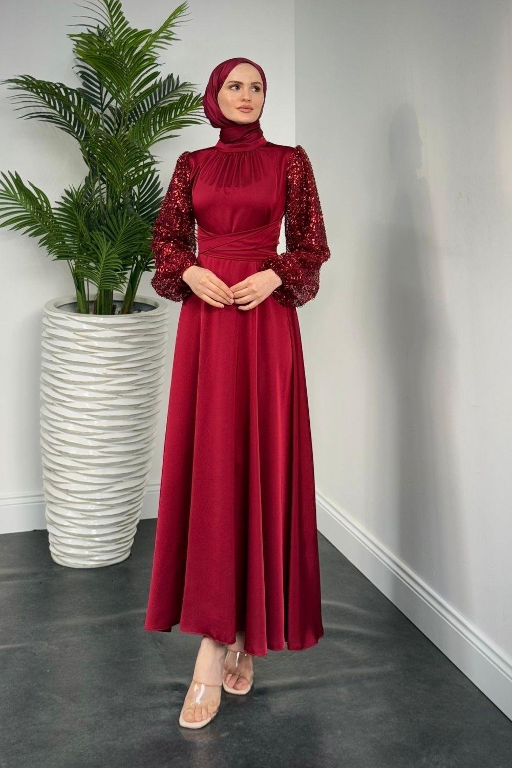 Hemeris Kolları Boncuk İşleme Saten Abiye Bordo