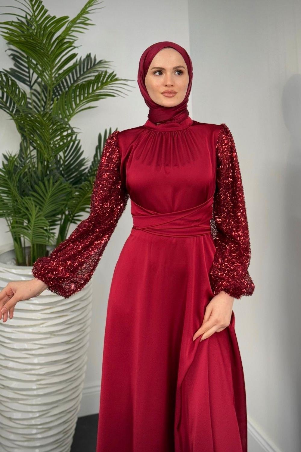 Hemeris Kolları Boncuk İşleme Saten Abiye Bordo
