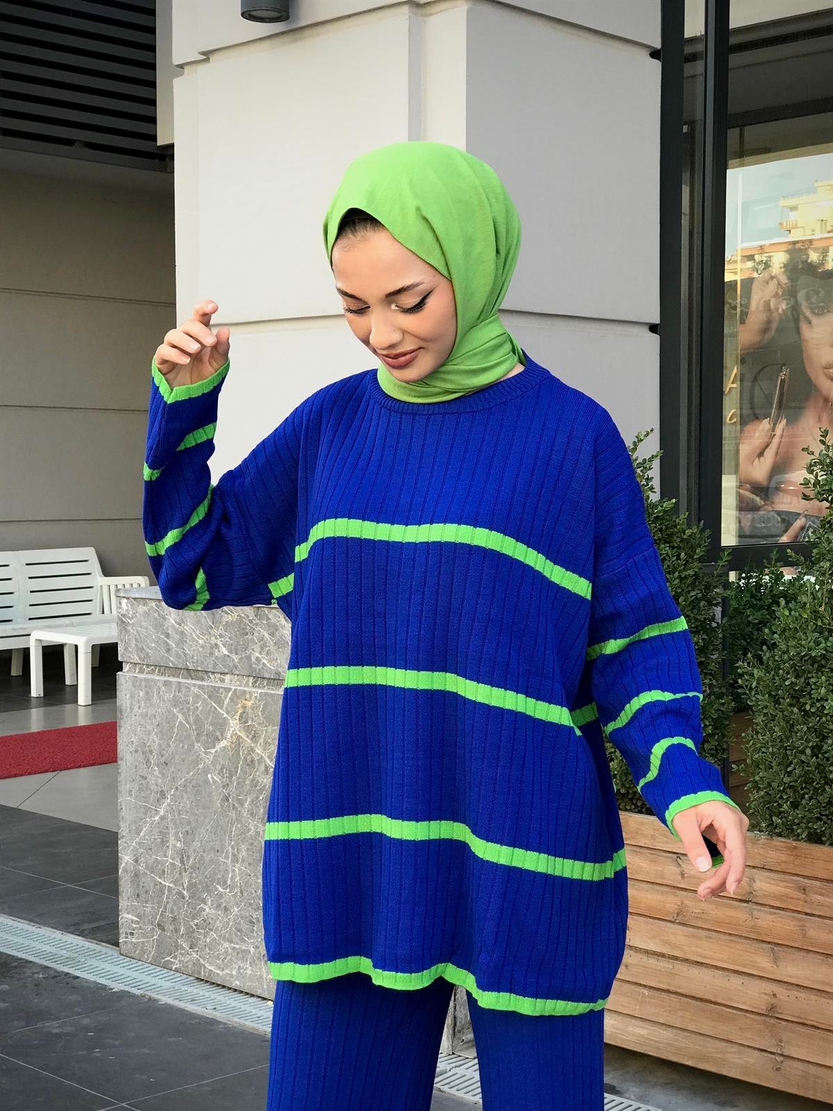 İki Renkli Triko Takım Mavi