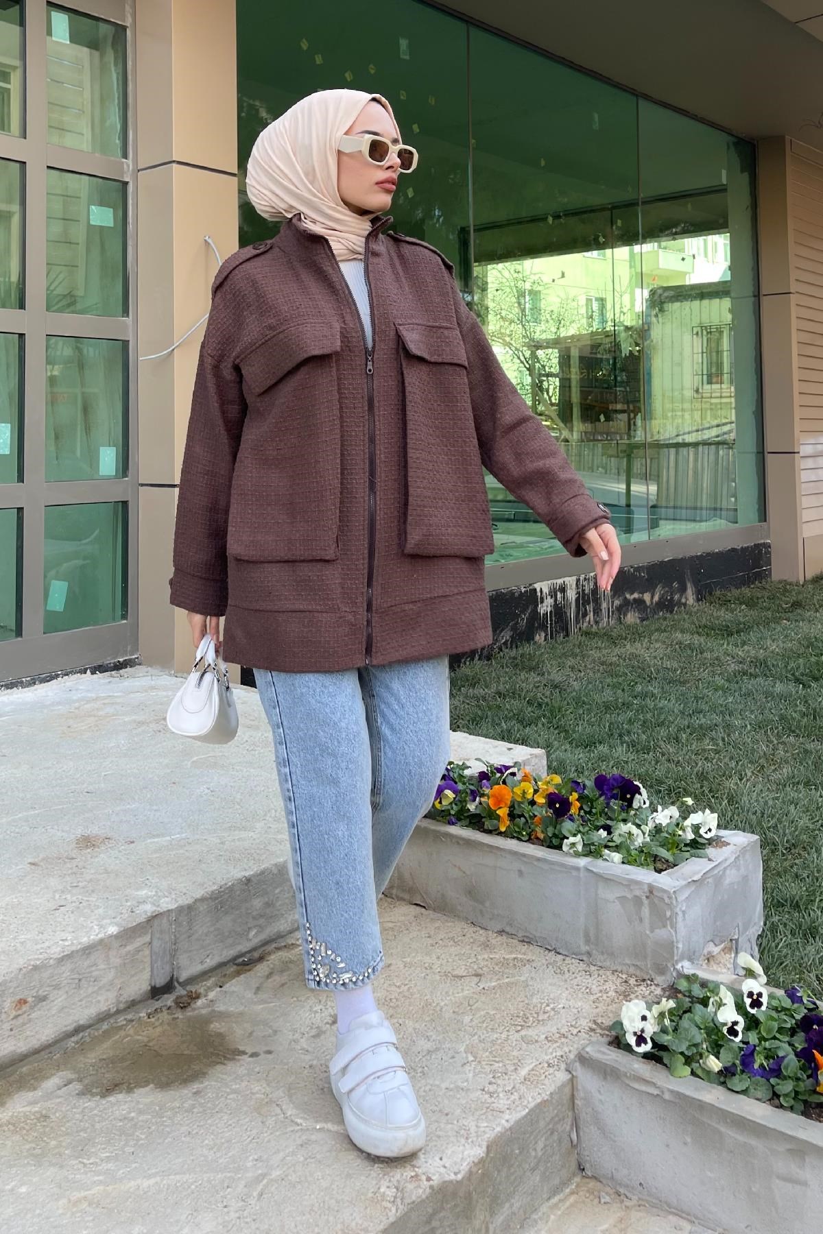 İri Cepli Tüvit Ceket Kahverengi