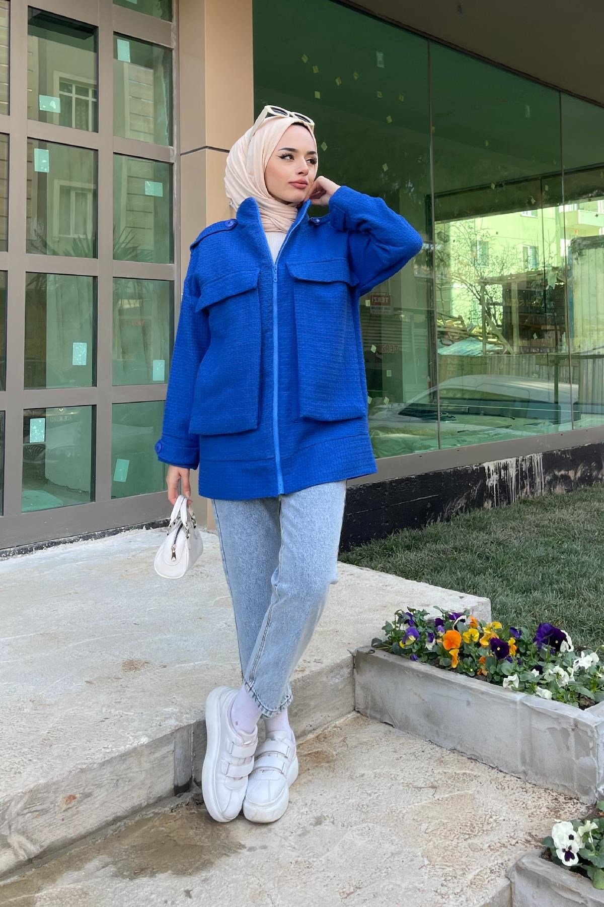 İri Cepli Tüvit Ceket Saks