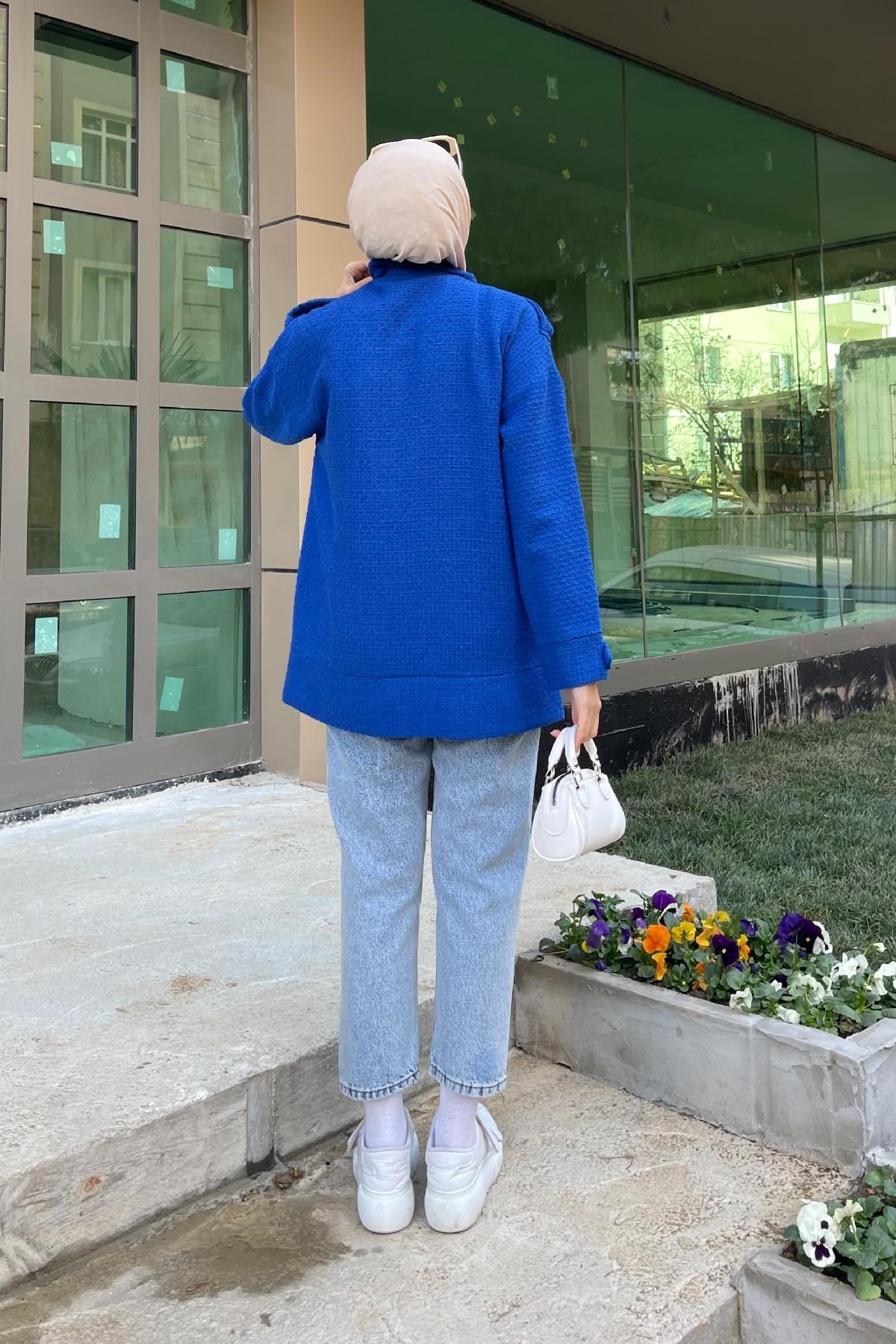 İri Cepli Tüvit Ceket Saks