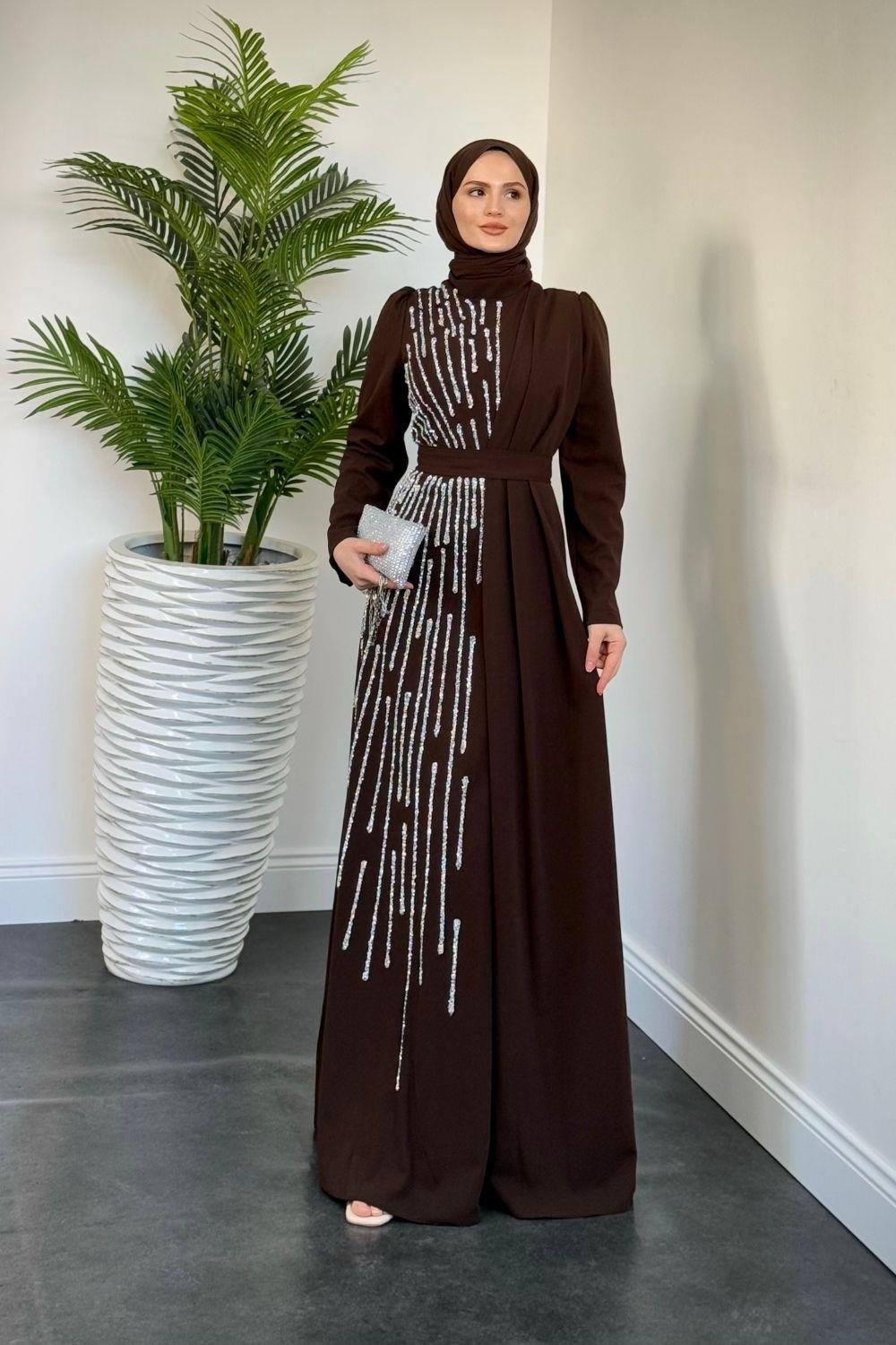 Juliet Yandan Taşlı Abiye Kahverengi