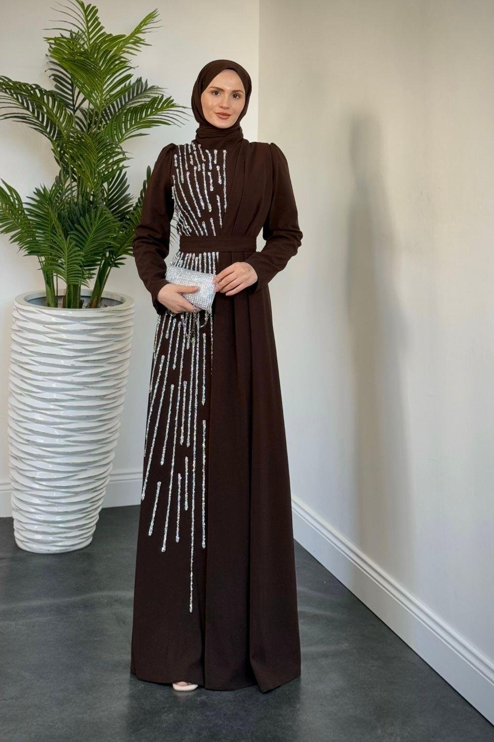 Juliet Yandan Taşlı Abiye Kahverengi