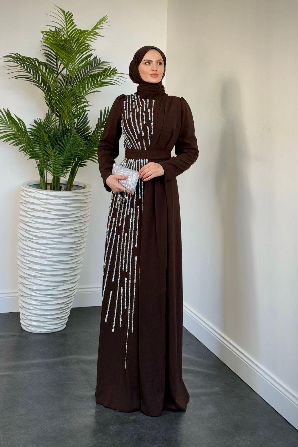 Juliet Yandan Taşlı Abiye Kahverengi