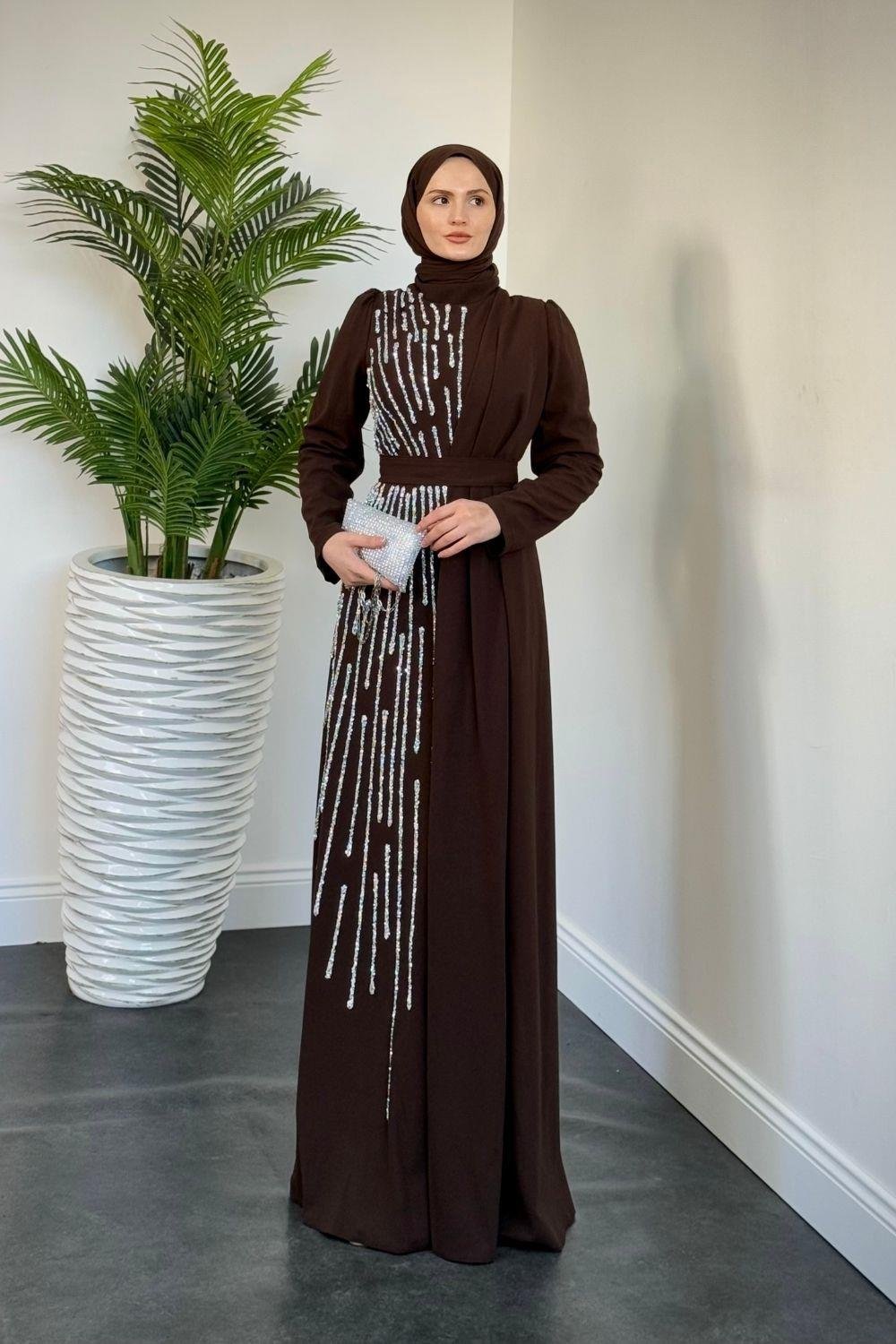 Juliet Yandan Taşlı Abiye Kahverengi