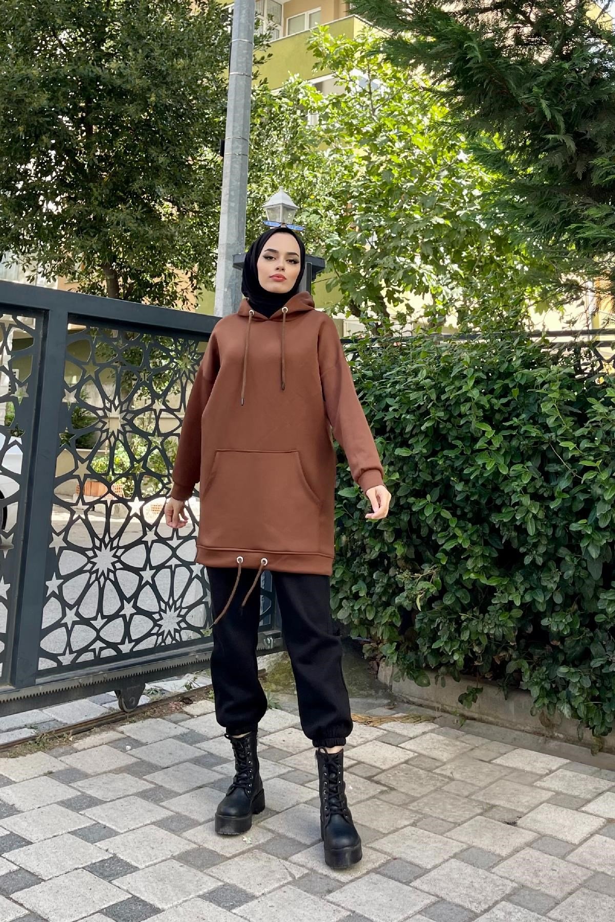 Kapşonlu Scuba Sweat Kahverengi