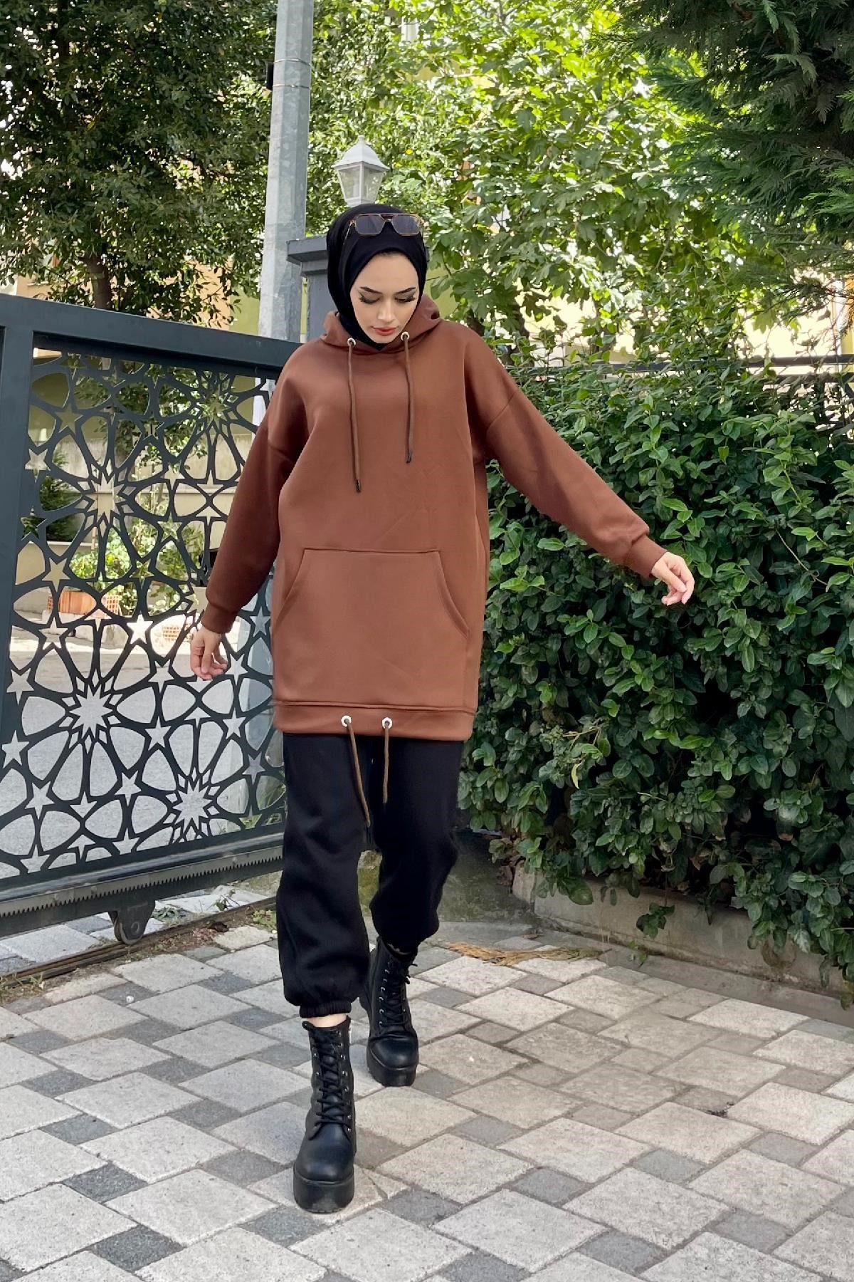 Kapşonlu Scuba Sweat Kahverengi