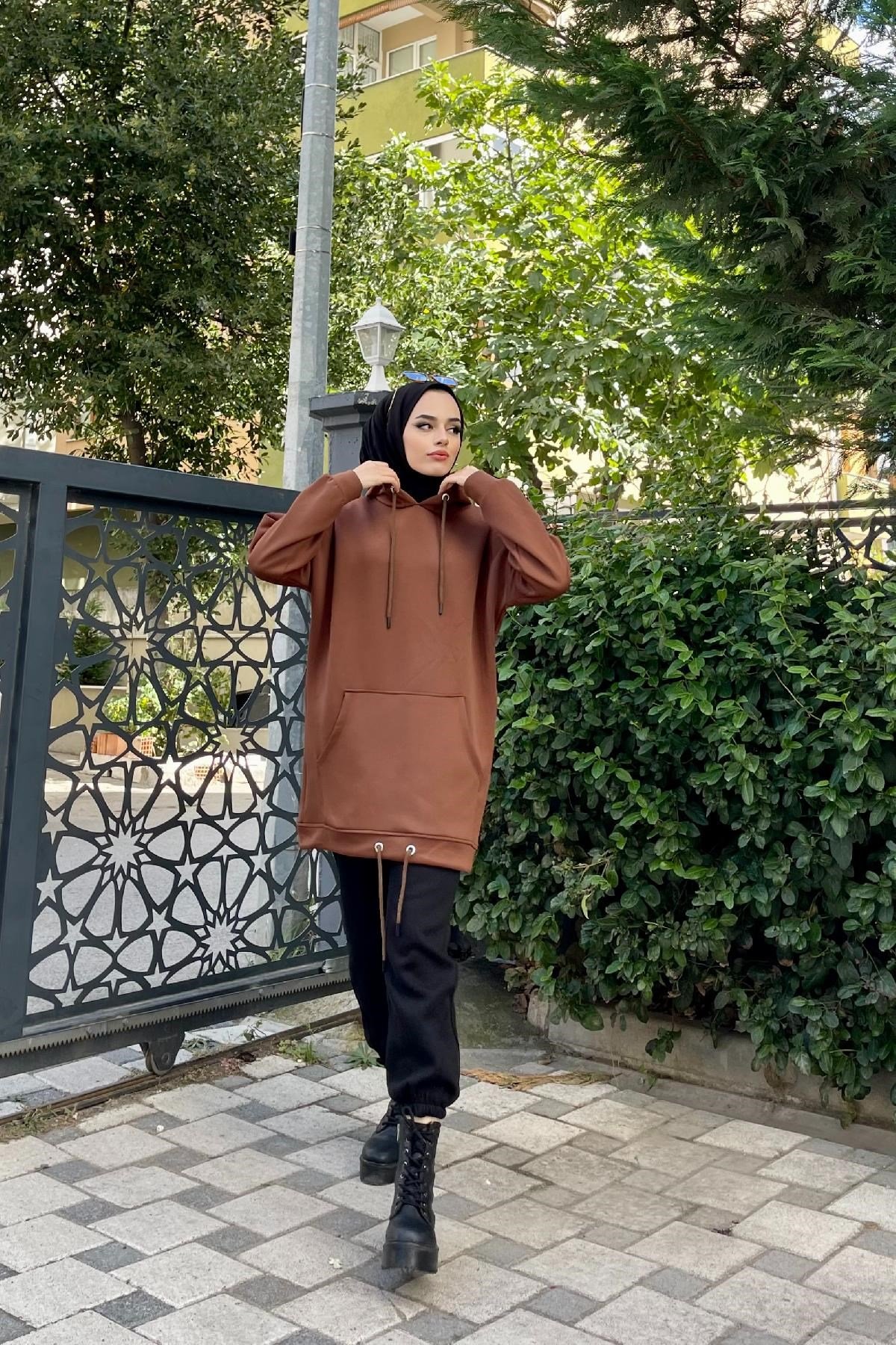 Kapşonlu Scuba Sweat Kahverengi